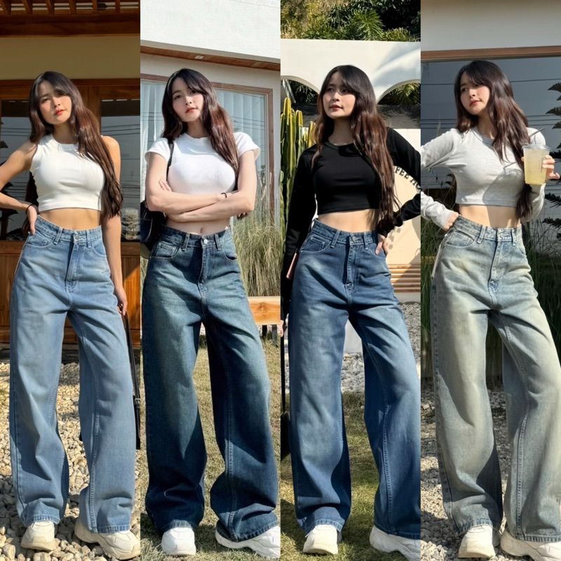 กางเกงยีนส์เอวสูงทรงกระบอกใหญ่สีฟอก Baggy jeansdede order volume