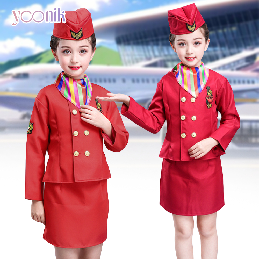 ชุดแอร์โฮสเตสเด็ก แขนยาว สีแดง ระบายอากาศได้ดี เหมาะสำหรับงานแสดง