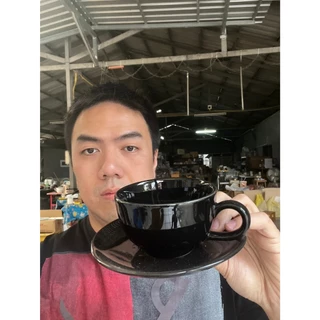 ชุดกาแฟ แก้วกาแฟร้อน แก้วลาเต้ร้อนแก้วอเมริกาโน่ร้อน สีดำล้วน ขนาด 8oz แก้วกาแฟเซรามิคพร้อมจานรอง เข้าไมโครเวฟได้