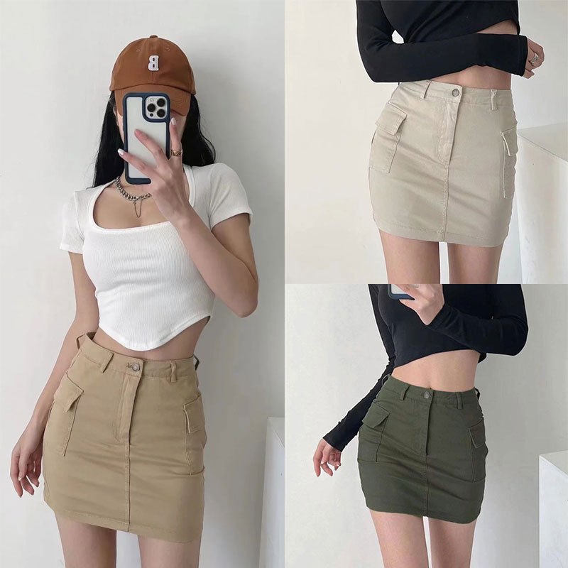 🍍919JEANS🍍พร้อมส่ง ใส่ง่ายเข้ากับทุกชุด กระโปรงยีนสั้นกระโปรง ขนาดใหญ่