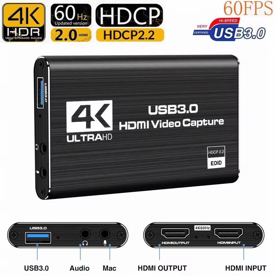 4K HDMI Video Capture Card, USB3.0 60Hz Drive för Capture Card High Definition Video med LoopMetal f