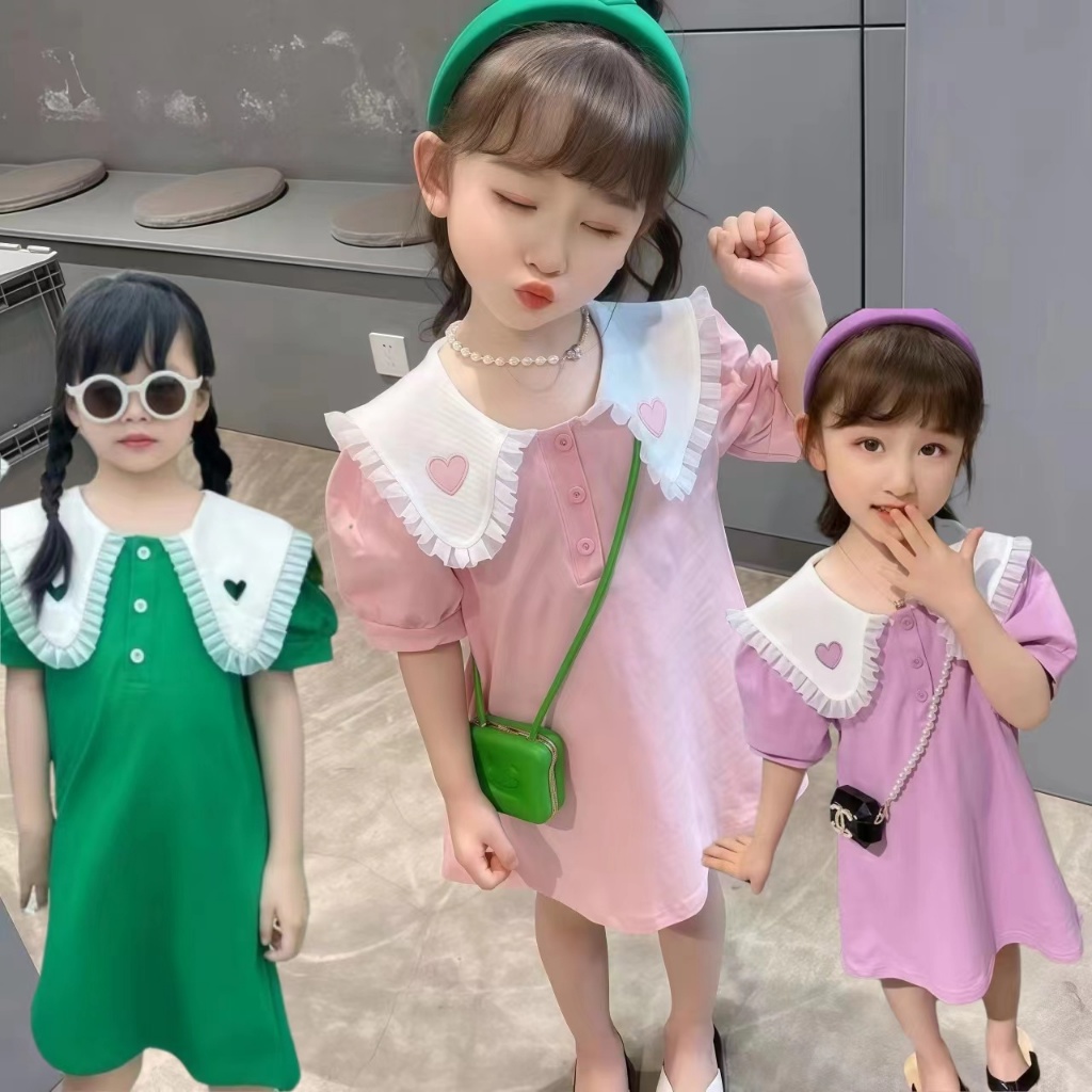 ชุดกระโปรงสุดน่ารัก เดรสแฟชั่นสำหรับเด็กผู้หญิงแขนสั้น เนื้อผ้าดี สีสวยๆ ผ้าระบายอากาศได้เป็นอย่างดี คอปก พร้อมส่ง
