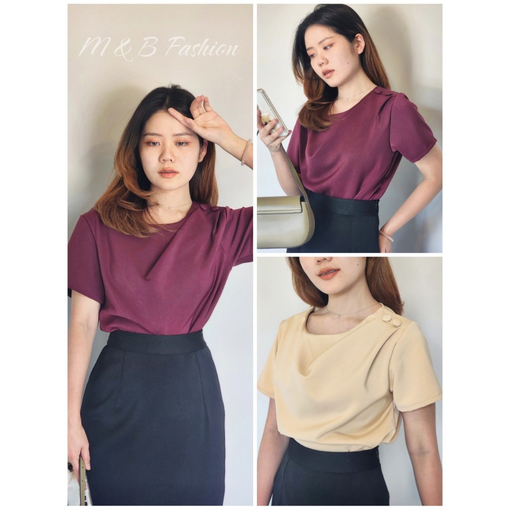 M06เสื้อคอกลมจีบบ่าแต่งกระดุมมีไซส์XS-4XLเสื้อทำงาน สินค้าตัดเอง