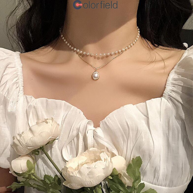 Colorfield เครื่องประดับสำหรับผู้หญิงสร้อยคอโซ่จี้ประดับมุกสไตล์โบฮีเมียนวินเทจ แฟชั่นบุคลิกภาพเรียบง่ายสร้อยคอสองชั้น