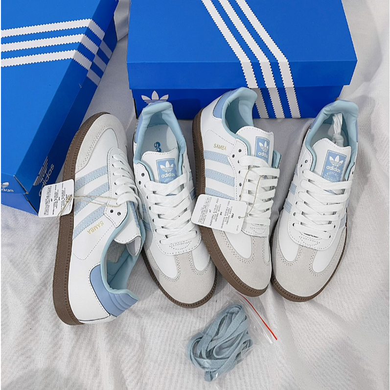 ✅(ของแท้พร้อมส่ง)✅ 🍒ของแท้ 100 %🎉 adidas originals Samba OG B75806 ID2055 สีขาว - ฟ้า