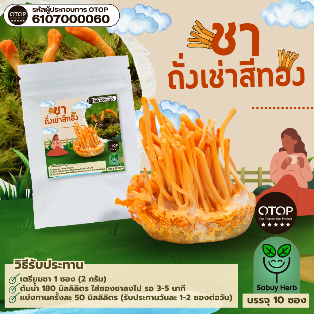 🔥ออกใบกำกับภาษีได้📌 ชาถั่งเช่าสีทอง แบบซองแช่ ไม่มีน้ำตาล (สินค้าOTOP) (1 ห่อ 10 ซองชา)