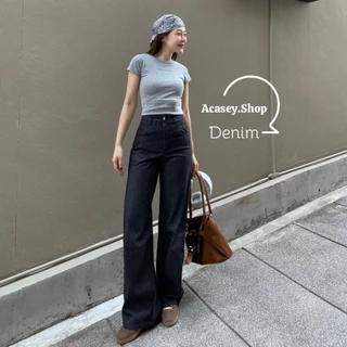 Acasey กางเกงยีนส์ผู้หญิง ขายาว ผ้าไม่ยืด เอวสูง พรางหุ่น ขากระบอก แต่งกระเป๋าหน้า ไซส์ S - XL bkk