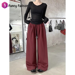 Fancy กางเกงวอร์มผู้หญิง กางเกงขายาว ใส่แล้วดูผอม รุ่นสูง ขากว้างทรงตรง สีพื้น ดีไซน์เชือกรูด