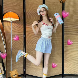 🌸Swift Bra🌸กางเกงขาสั้นผู้หญิง กางเกงขาสั้นลายริ้ว เเต่งกระดุม เอวยางยืด ผ้ายืดหยุ่น แฟชั่น ใหม่
