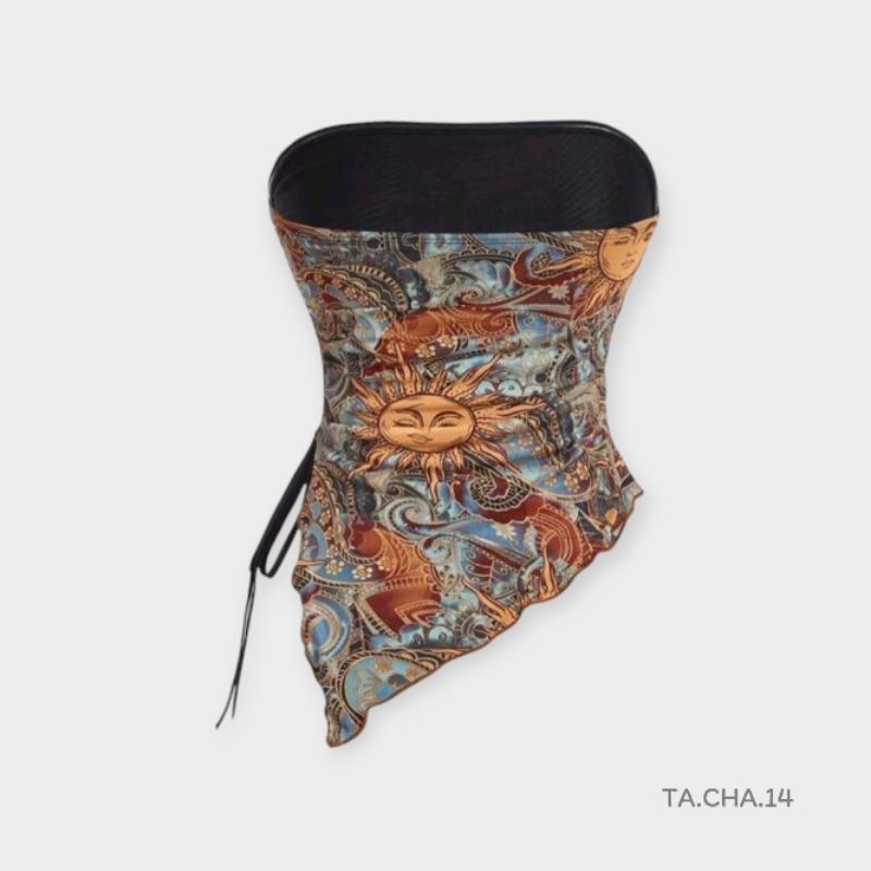 พร้อม​ส่ง​ 🍒​🌈​ เสื้อเกาะ​อ​ก​ พิมพ์​ลายพระอาทิตย์​ เชือ​กรูด​ข้าง สไตล์​โบฮี​เมียน​ สีน้ำเงิน​ - รูปที่ 2