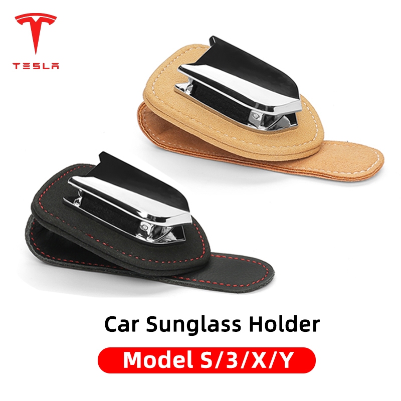 Tesla Model S 3 X Y คลิปแว่นตาทำจากหนังกลับสำหรับที่บังแดดในรถยนต์