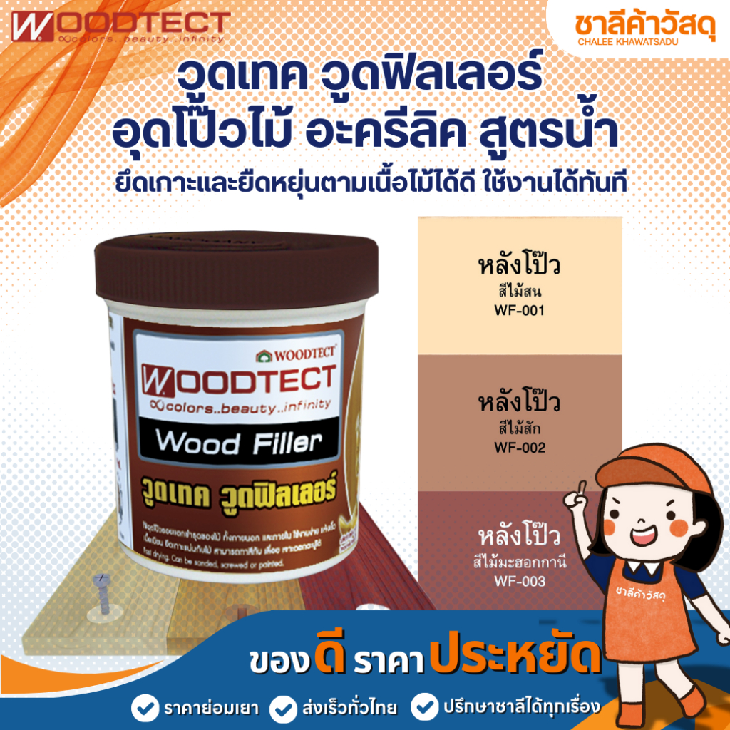 WOODTECT วูดฟิลเลอร์ สำหรับอุดโป๊วรอยแตกชำรุดของไม้ สูตรน้ำอะครีลิคแห้งเร็วยึดเกาะและยืดหยุ่นตามเนื้อไม้ได้