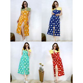 เดรสคอปก ลายดอก ผ้าฝ้ายพิมพ์ลาย กระดุมแกะใช้งานได้