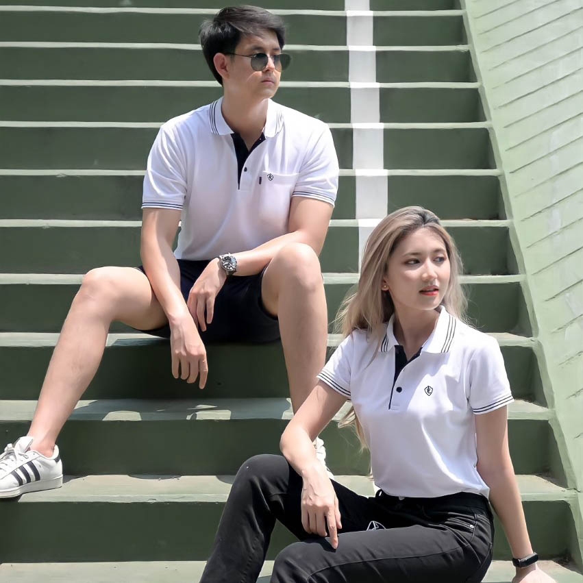 POLOLAND เสื้อโปโลคู่ เสื้อทีม รุ่นไลน์ - สีขาว (ชายทรงตรง และหญิงทรงเข้ารูป)