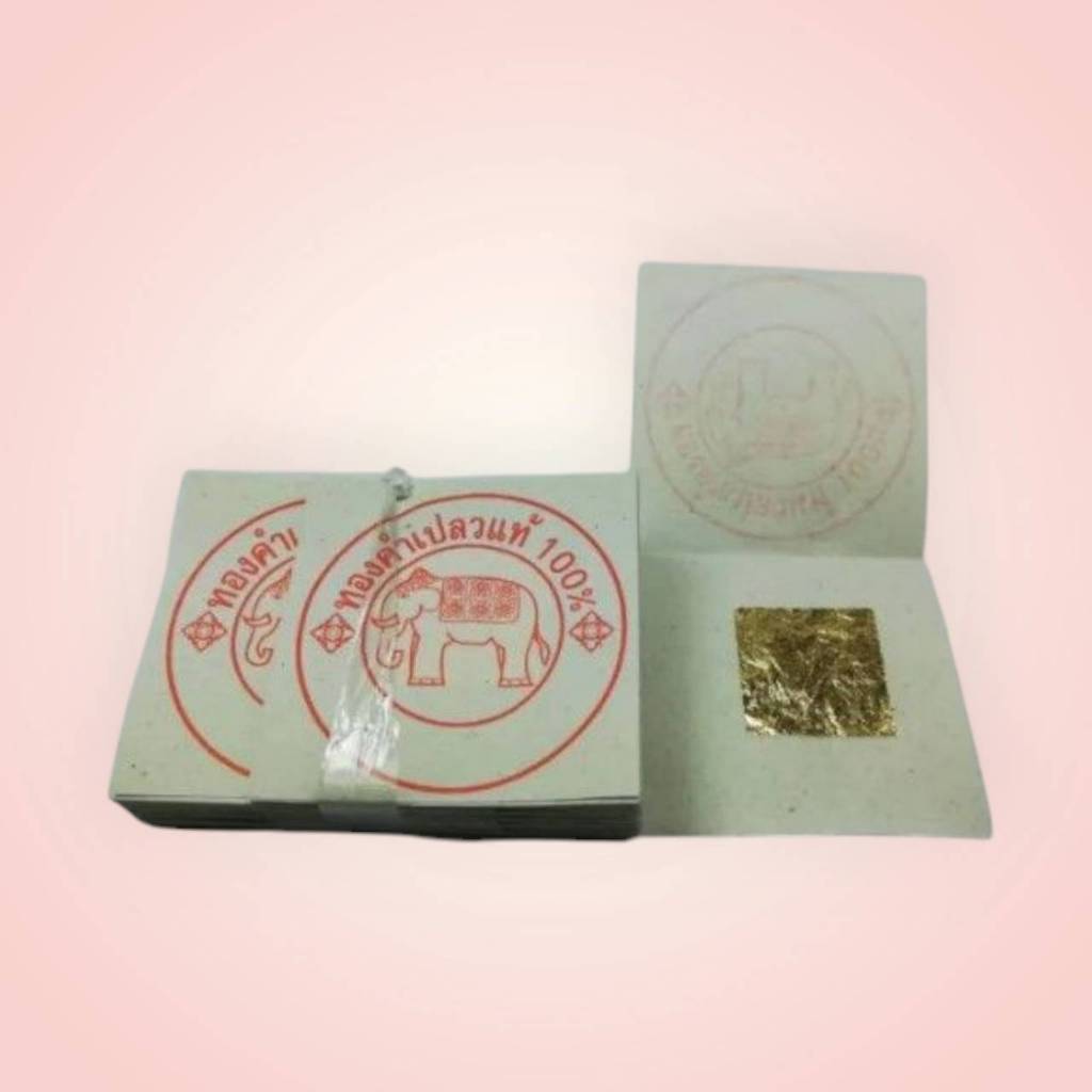 แผ่นทองคำเปลวแท้ 100% ตราช้าง แผ่นปิดพระ Gold Sheets เนื้อทองขนาด 1.8x1.8 ซม ชุด 100 แผ่น
