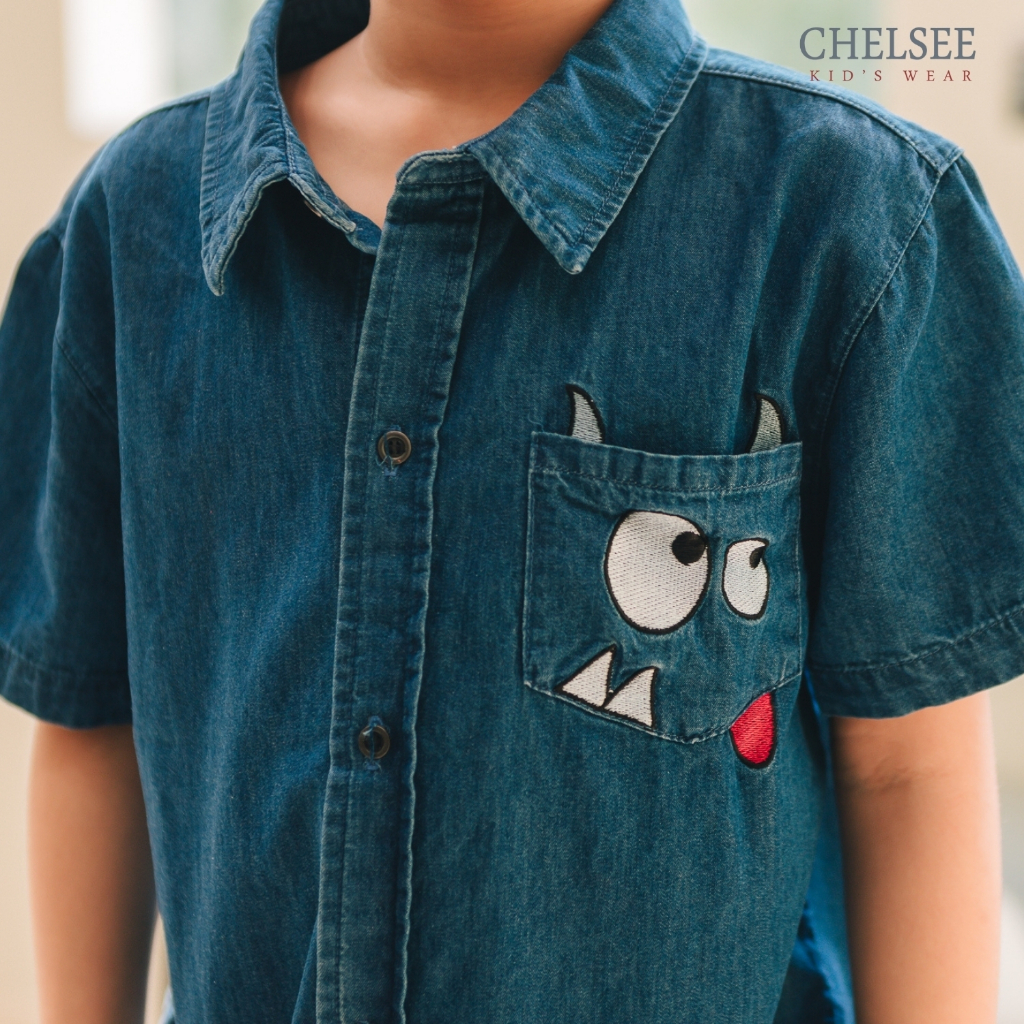 Chelsee قميص أولاد جينز سادة نصف كم — صورة 3
