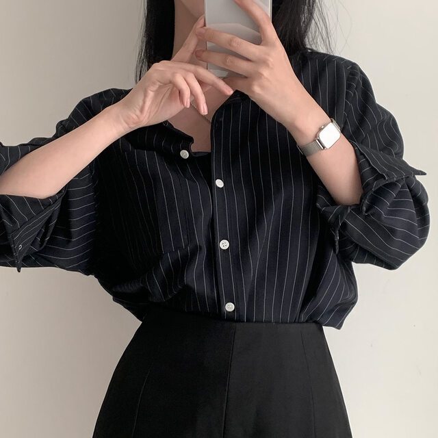 🌻Grace🌻 เสื้อเชิ้ตผ้าฝ้ายสวมใส่สบาย เสื้อแขนยาวลายทาง เสื้อทรงหลวมสุดชิค เสื้อทรงเลดี้ผู้หญิง เสื้อผ้าสไตล์เกาหลี W421 - รูปที่ 6