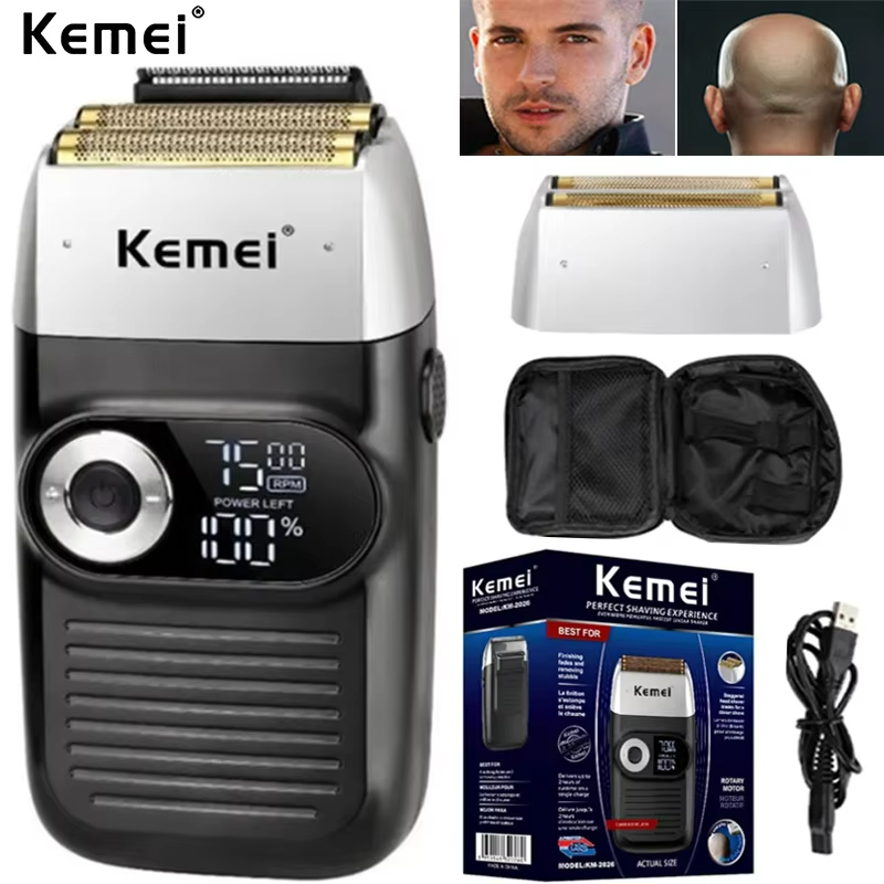Kemei KM-2026 เครึองโกนหนวดแบบชาร์จไร้สายสำรับผุ้ชายมีดโกนหนวด2in1สำรับหนวดยาวสัน ฟรีถุงพกพา