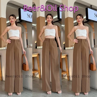 B003 Beer&Oil กางเกงขายาวเอวสูง ผ้าลิลลี่ งานตะขอหน้าขาตรง ซิปหน้า แต่งดีไซน์หูเข็มขัด กระเป๋าคว้าน