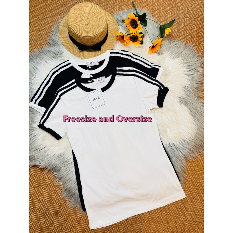 เสื้อยืดป้ายM.E : 2 Size กุ้นคอลายแขนทรงเข้ารูป