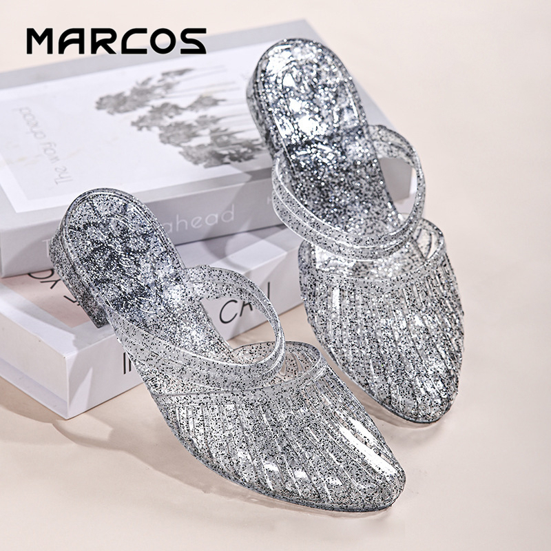 MARCOS ส่งเร็ว รองเท้าแตะผู้หญิงส้นเตี้ย คริสตัลใส ส้นสูงแฟชั่น กันลื่น ใส่สบาย น้ำหนักเบา#3.15