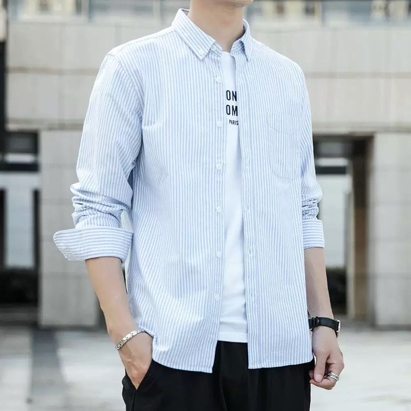 เสื้อเชิ้ต แขนยาวริ้ว สำหรับผู้ชาย ทรงเข้ารูป ผลิตจากผ้า Cotton Oxford เสื้อเชิ้ตแขนยาว เสื้อผู้ชาย
