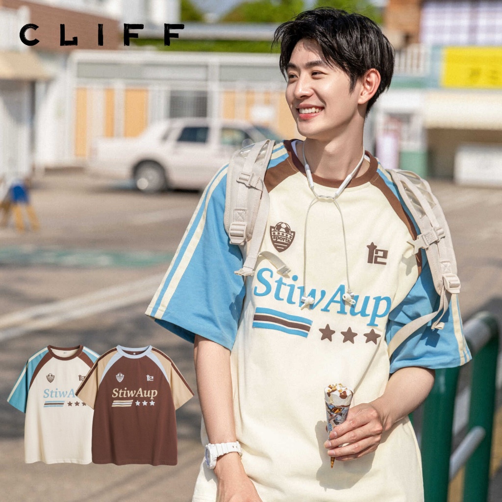 CLIFF ย้อนยุคเรียบง่าย เสื้อยืดผู้ชาย คอกลม ยอดนิยม ลายทาง รุ่นใหม่ กีฬา แบบหลวม แขนสั้น เรียบง่ายใส่สบาย