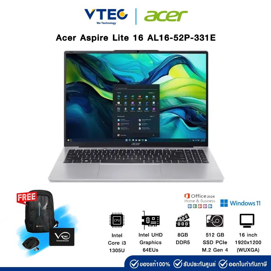 Acer Aspire Lite 16 AL16-52P-331E | i3-1305U | 8GB DDR5 | 512GB M.2 | 16 inch | Intel UHD | Windows 