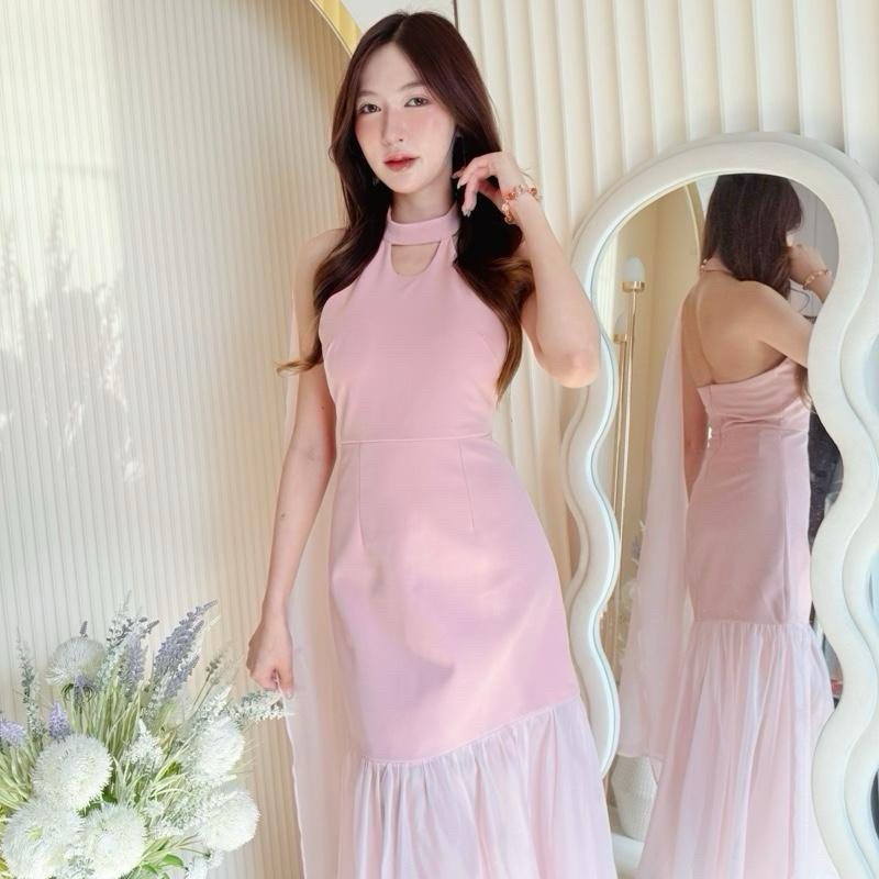 [NITTAYA] D2672 ชุดเดรสกระโปรงยาวคอเต่าแขนเว้าดีเทลแต่งผ้าซีทรูชายระบายสวยหรูดูแพงผู้ดีใส่เที่ยว ออกงาน ดินเนอร์ ปาร์ตี้