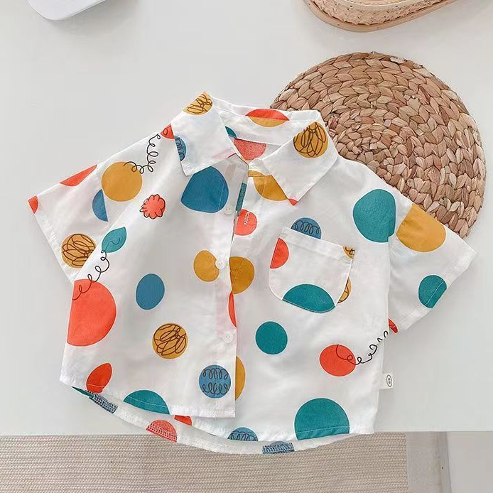 Babyonline(Y337)P1-0FR (ส่งด่วน1วัน)เสื้อเชิ้ตคอปกแขนสั้นสำหรับเด็กผู้ชายและผู้หญิงลายสีสันสดใส มีกระเป๋าหน้า ระบายอากาศ