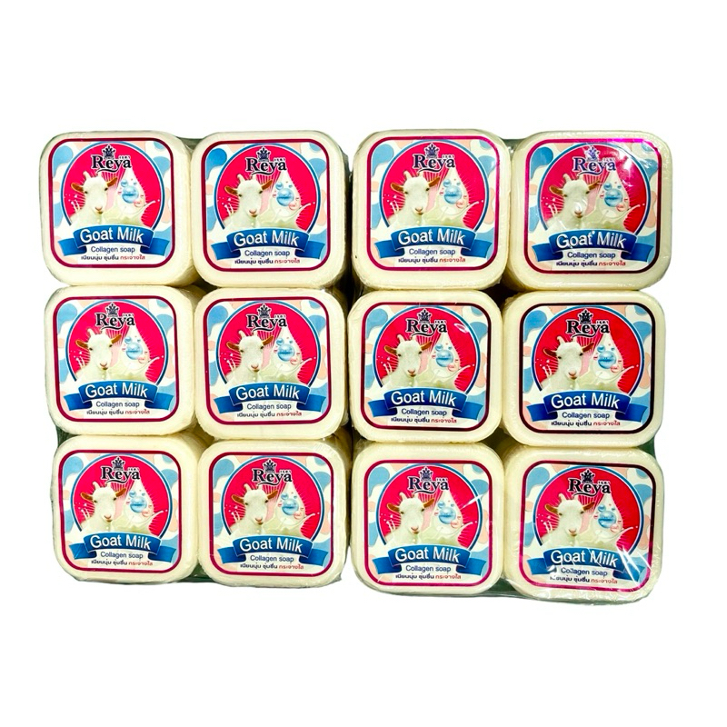 Reya สบู่เรยา สูตร นมแพะคอลลาเจน ผลิตภัณฑ์ทำความสะอาดผิวหน้าและผิวกาย ชุ่มชื่น (1แพ็คมี12ก้อน)น้ำหนักปริมาณก้อนละ65กรัม