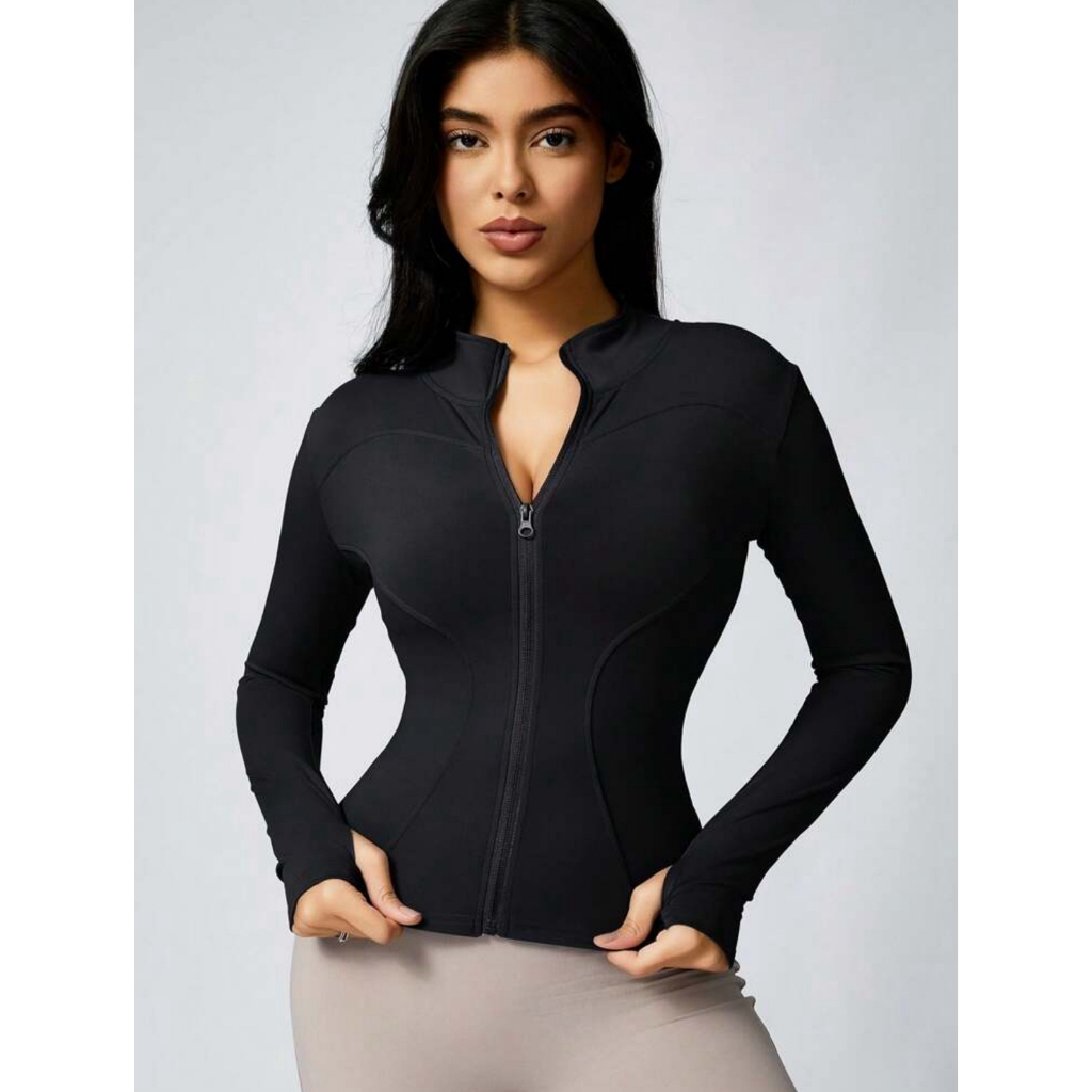 🔥【เตรียมส่ง】🔥(Yoga)ผู้หญิงสีทึบรูนิ้วหัวแม่มือแขนยาวกีฬาซิปแน่นกระชับสลิมมิ่งแจ็คเก็ตโยคะกีฬาแจ็คเก็ต - รูปที่ 2