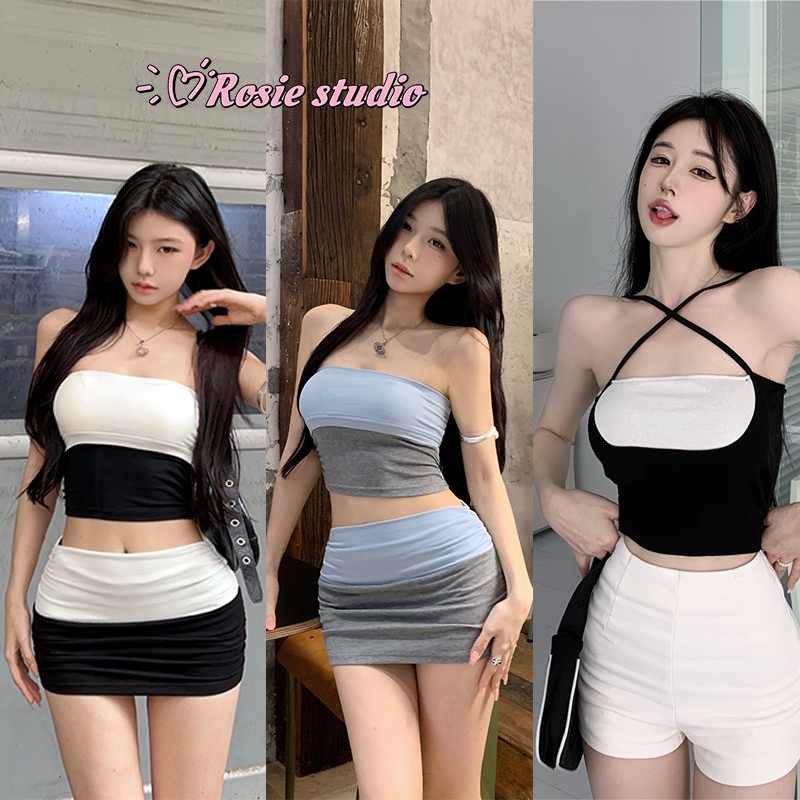 Rosie พร้อมส่ง💗เสื้อเซ็ท2ชิ้น ชุดเซ็ทเซ็กซี่Y2Kชุดเดรส เสื้อเกาะอก+กระโปรงสั้น ทรงรัดรูป ชุดไปทะเล ชุดกรามู แฟชั่นผู้หญิ