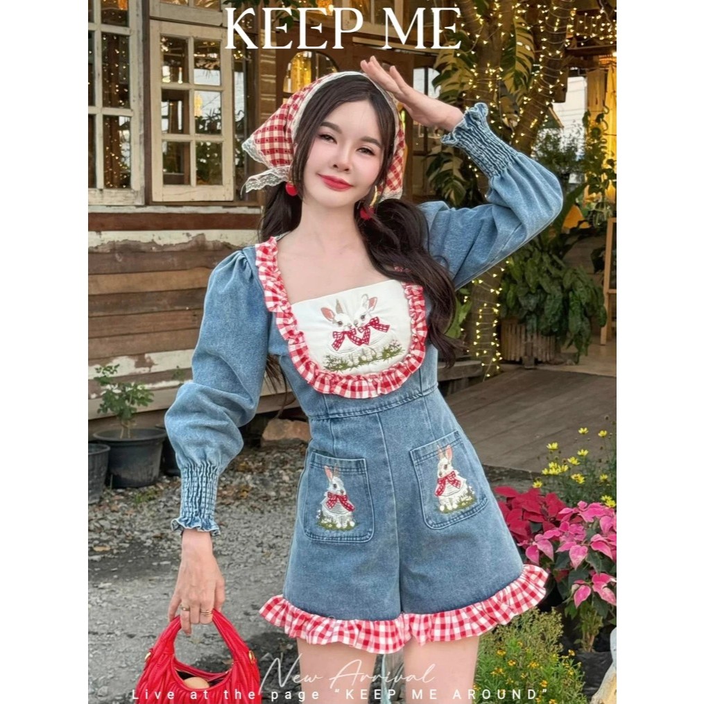 ชุดจั๊มยีนส์ลายกระต่าย ป้ายLollipop งานป้ายห้อย พร้อมส่ง (Size L)