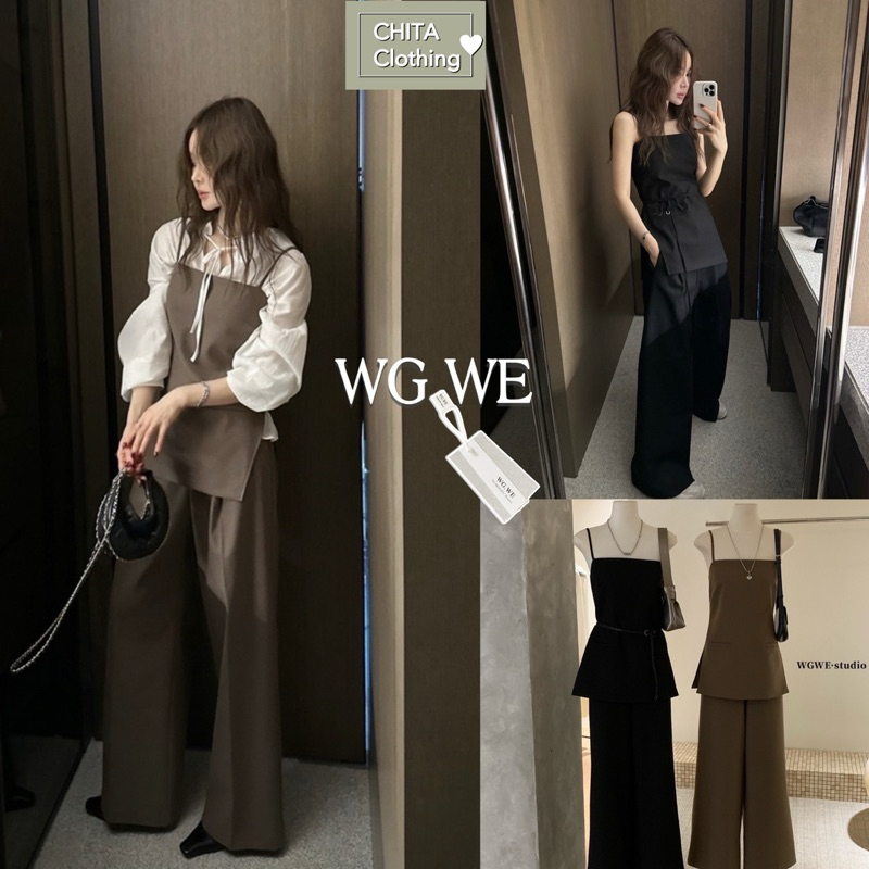 🛵3702# Set 2 pcs เสื้อสายเดี่ยว งานซิปหลัง มีซับใน สายปรับได้ แต่งกระเป๋าหลอก+ กางเกงขายาว TAG:WG.WE 🇰🇷