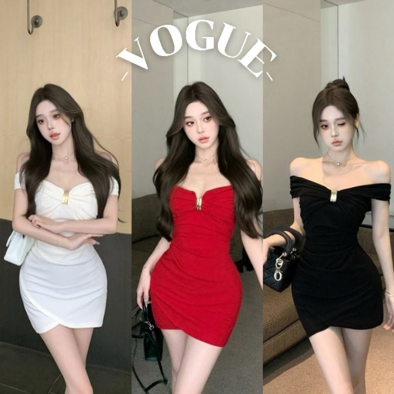 Vogue🌟พร้อมส่ง🌟 ชุดเดรสสีพื้น ทรงรัดตัว ใส่ง่ายเรียบหรูดูแพง (FY2770)