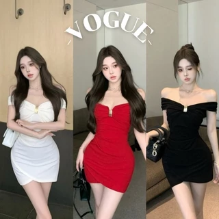 Vogue🌟พร้อมส่ง🌟 ชุดเดรสสีพื้น ทรงรัดตัว ใส่ง่ายเรียบหรูดูแพง (FY2770)