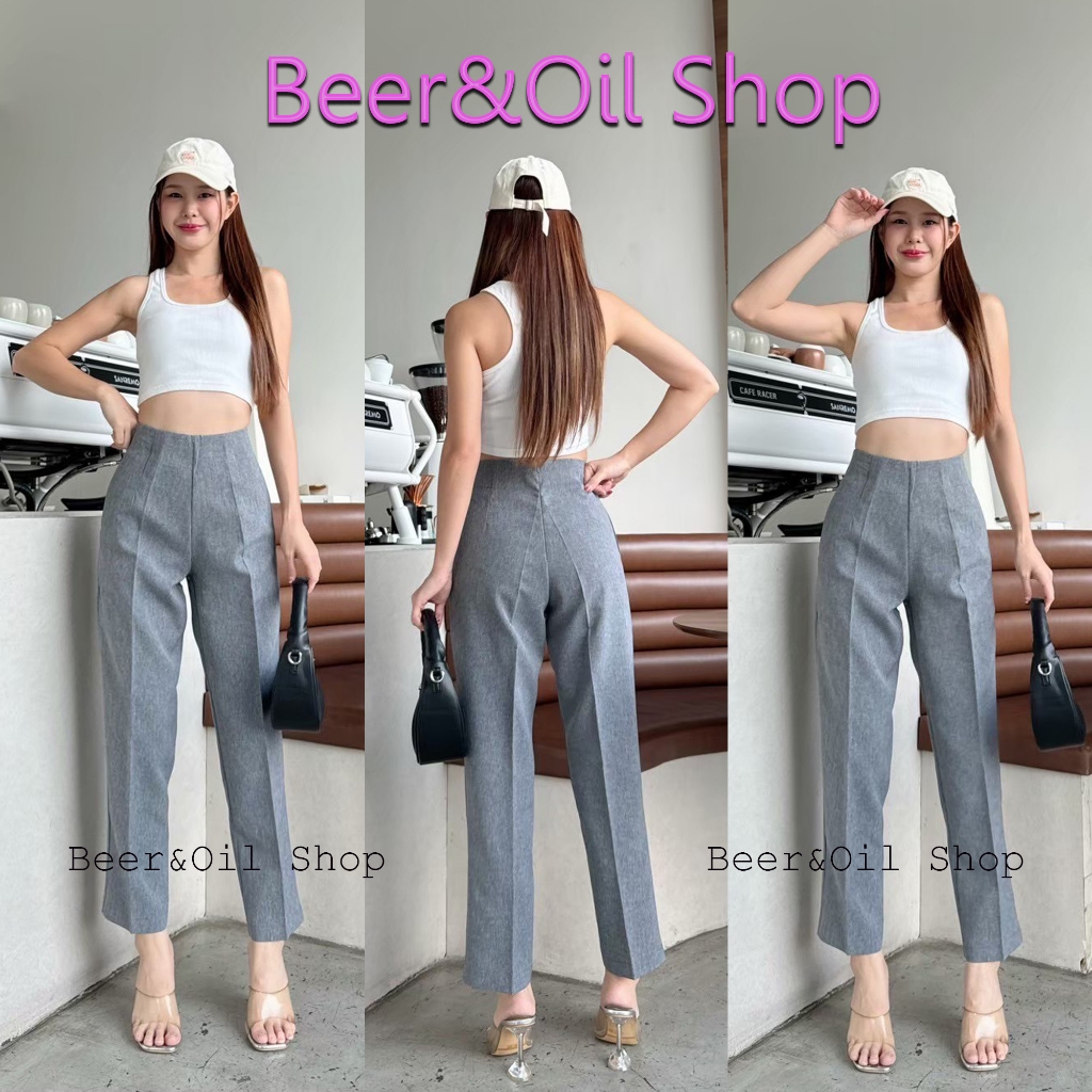 B0018  Beer&Oil กางเกงขายาวเอวสูงผ้าสลาฟ 8ส่วนงานซิปหลังขากระบอกเล็ก กระเป๋าซ่อน2ข้างใช้งานได้จริง