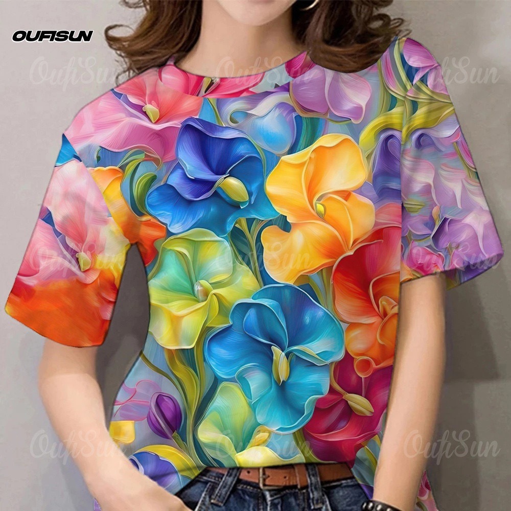 ch._shop พร้อมส่ง เสื้อยืดลายดอกไม้ เสื้อสงกรานต์  มี 5 ลาย ผ้ายืดสวมใส่วบาย
