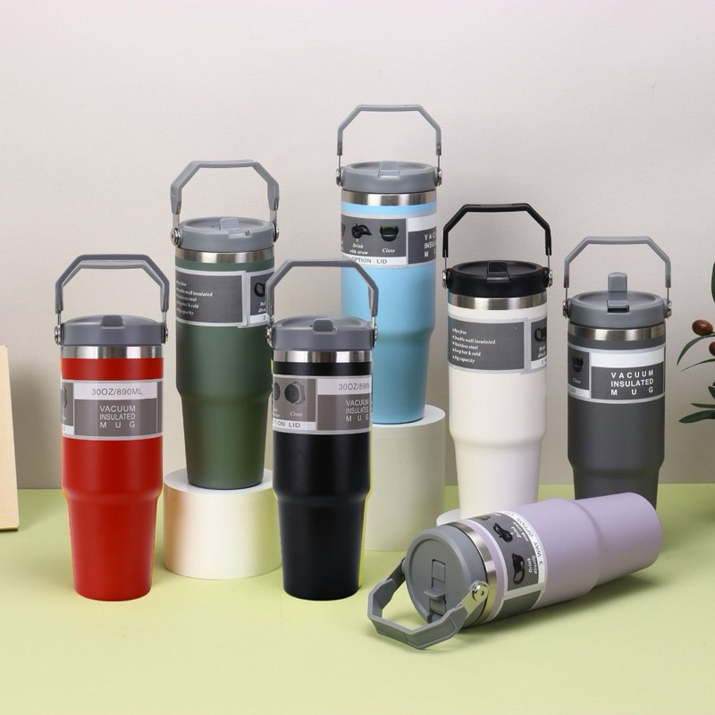 แก้วเก็บอุณหภูมิ รุ่นใหม่ล่าสุด พร้อมหูหิ้ว แก้วเก็บความเย็นหูหิ้ว แบบใหม่มีที่จับ แก้วกาแฟ แก้วสแตนเลส304 /890ml