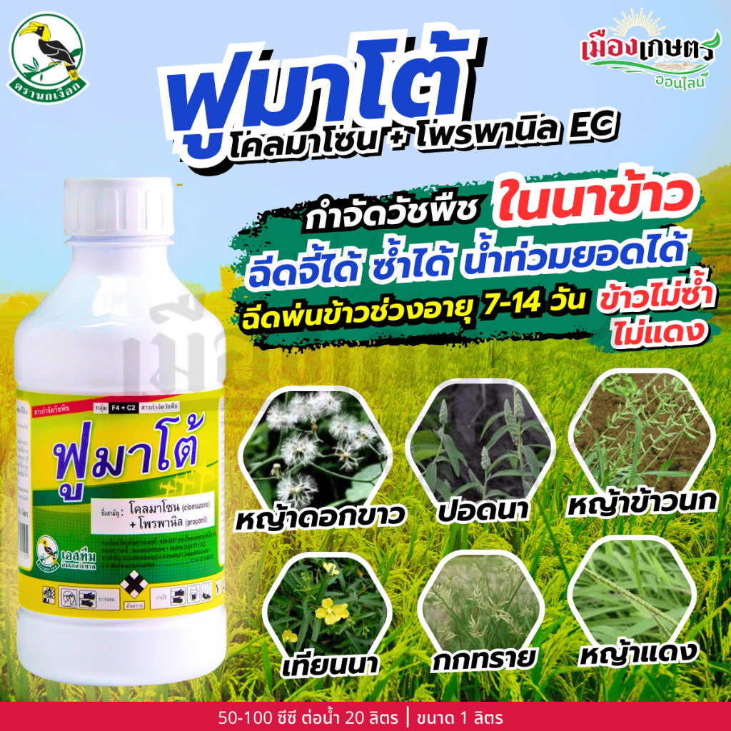 ฟูมาโต้ โคลมาโซน + โพรพานิล 12%+27% W/V EC 1 ลิตร ยากำจัดหญ้า สารกำจัดวัชพืช สารป้องกันจากหญ้า ยาคุมหญ้า คุมและกำจัดหญ้า