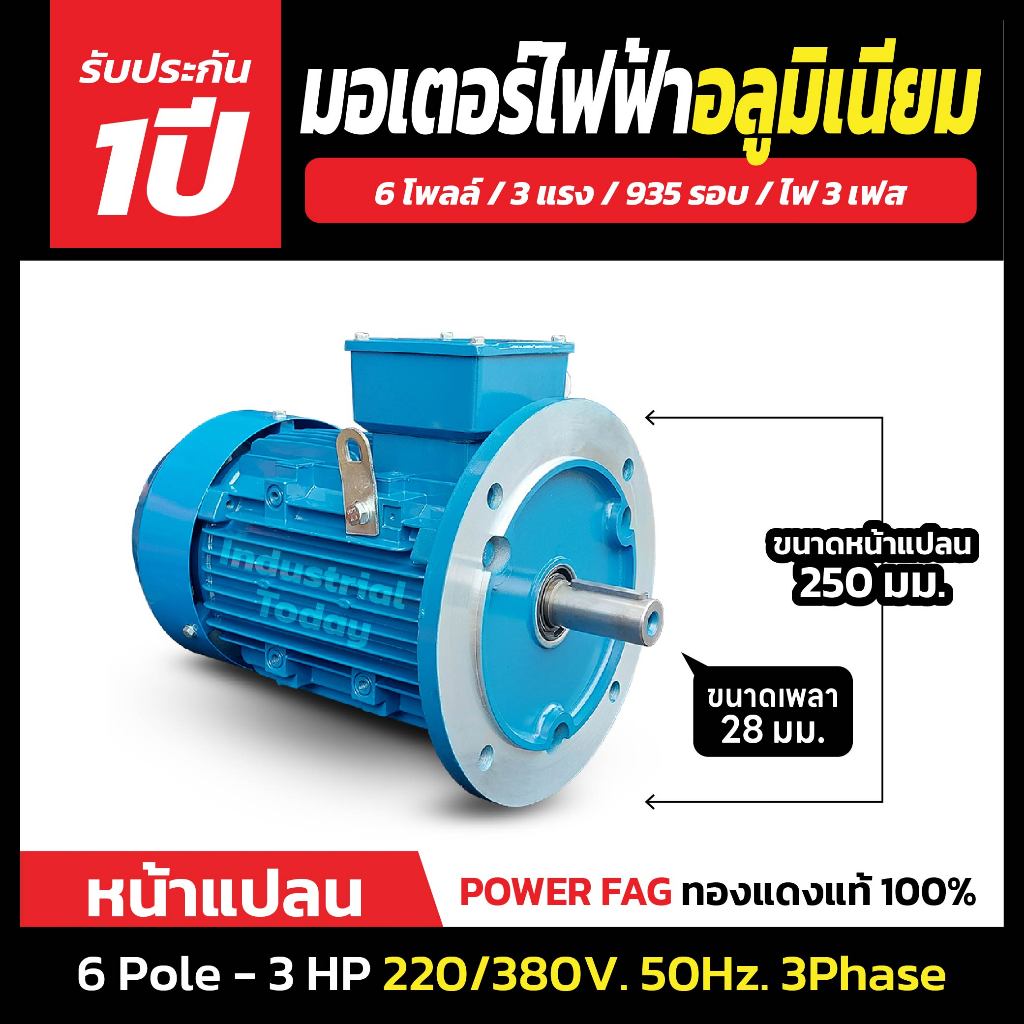 มอเตอร์ไฟฟ้าเหล็กหล่อ แบบหน้าแปลน 3 เฟส (สาย) 220/380V. 6 Pole (โพล) 1000 รอบ ขนาด 3 แรงม้า (3 HP)