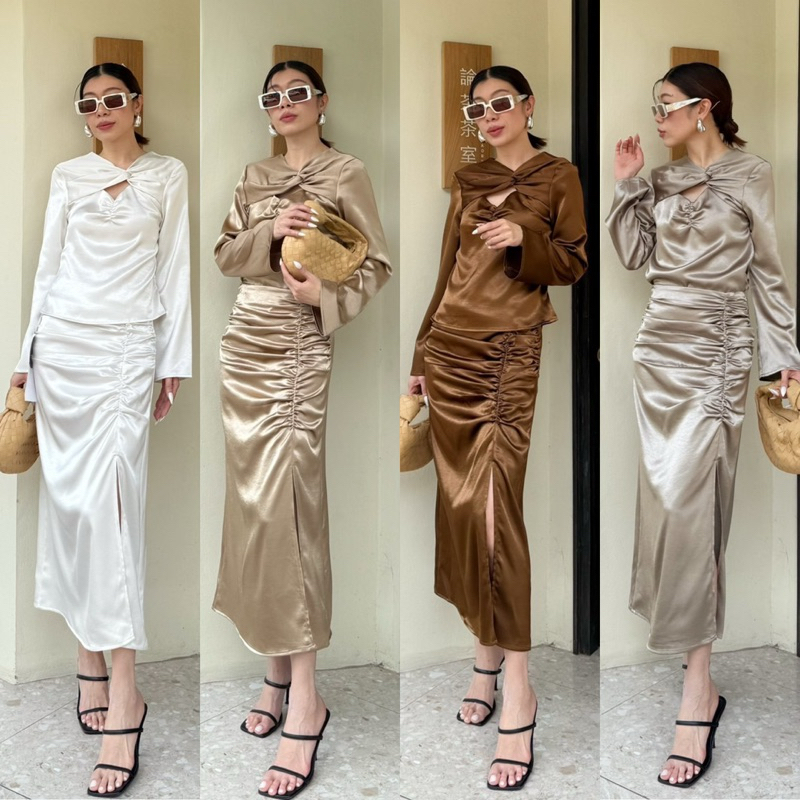 Bella Satin Midi Skirt 9927-1 x2 (กระโปรง) กระโปรงซาตินเบลล่าผ่าหน้า ซาติน เรียบหรู ออกงาน