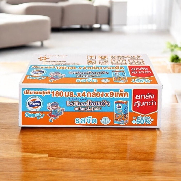 ยกลังราคาสุดคุ้ม หรือซื้อแบบแพ๊ก นม Foremost โฟร์โมสต์ โอเมก้า 369 นมยูเอชที รสจืด 180 มล. x 36 กล่อง