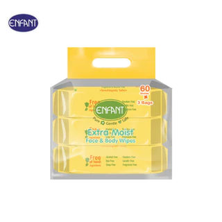 ENFANT (อองฟองต์) Extra Moist Face & Body Wipes ผ้าเช็ดทำความสะอาดแบบเปียก สูตร Organic Jojoba Oil 1แพ็ค/3ห่อ 60แผ่น/ห่อ