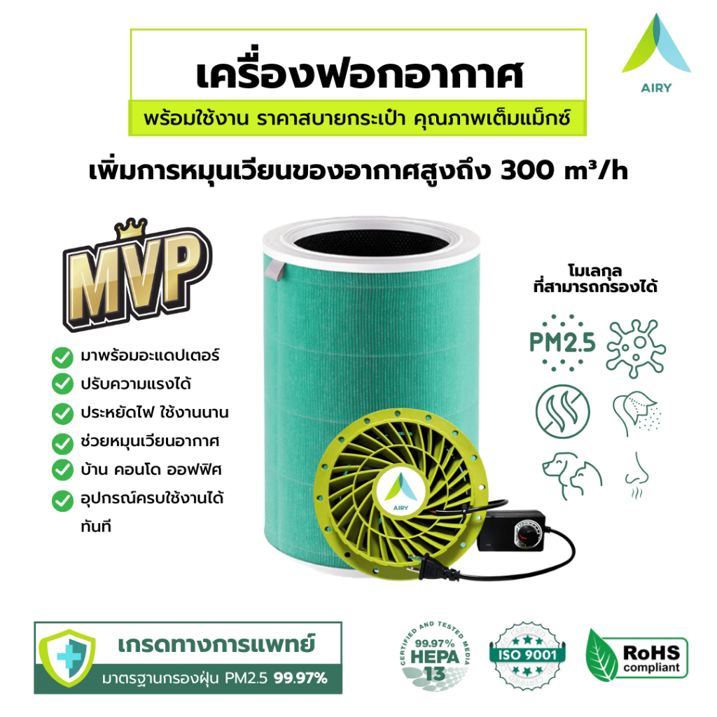 AIRY เครื่องฟอกอากาศ DIY ปรับพัดลมได้ ประหยัดไฟ กรอง PM2.5 กลิ่น ไวรัส ใช้กับไส้กรอง MI 2 3 4 4Lite