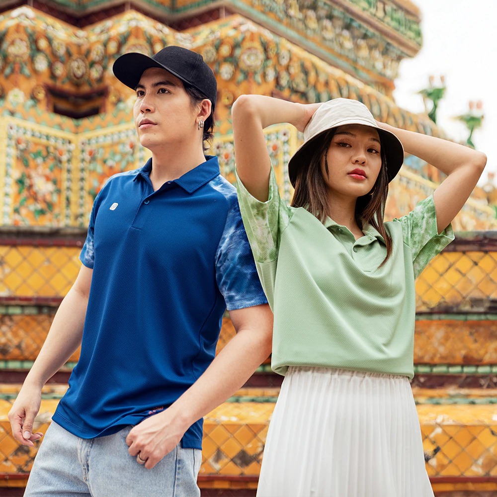 เสื้อโปโล EGO SPORT x THAITONE  ไหล่สโลป ตัดต่อแขนมัดย้อม โทนฟ้า เขียว ม่วง TT001