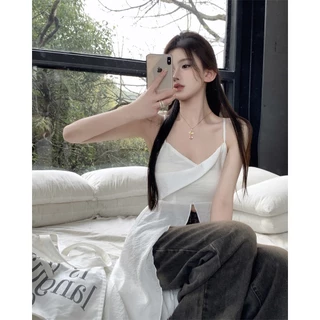 เสื้อเบลาส์สีขาว/สีดำ สายเดี่ยว มีซิปข้างลำตัว ดีไซน์แหวกด้านหน้าปล่อยชายยาว ผ้าฝ้าย เสื้อครอป #2444