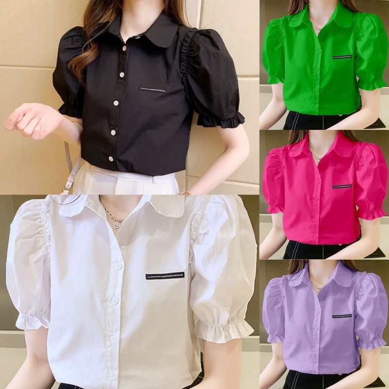 เสื้อเชิ้ตแขนพัฟสีขาว เสื้อชีฟองสุดชิค ชุดทำงานประจำวัน ชุดทำงานแขนสั้นสีขาวสไตล์เกาหลี เสื้อดำ