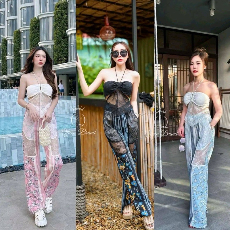 (พร้อมส่ง) Queen3 5 9 Set 2 ชิ้น เสื้อ+กางเกงขายาว เสื้อลูกไม้ดีไซน์ผูกคอและผูกโบว์ด้านหลัง แมตช์มาค